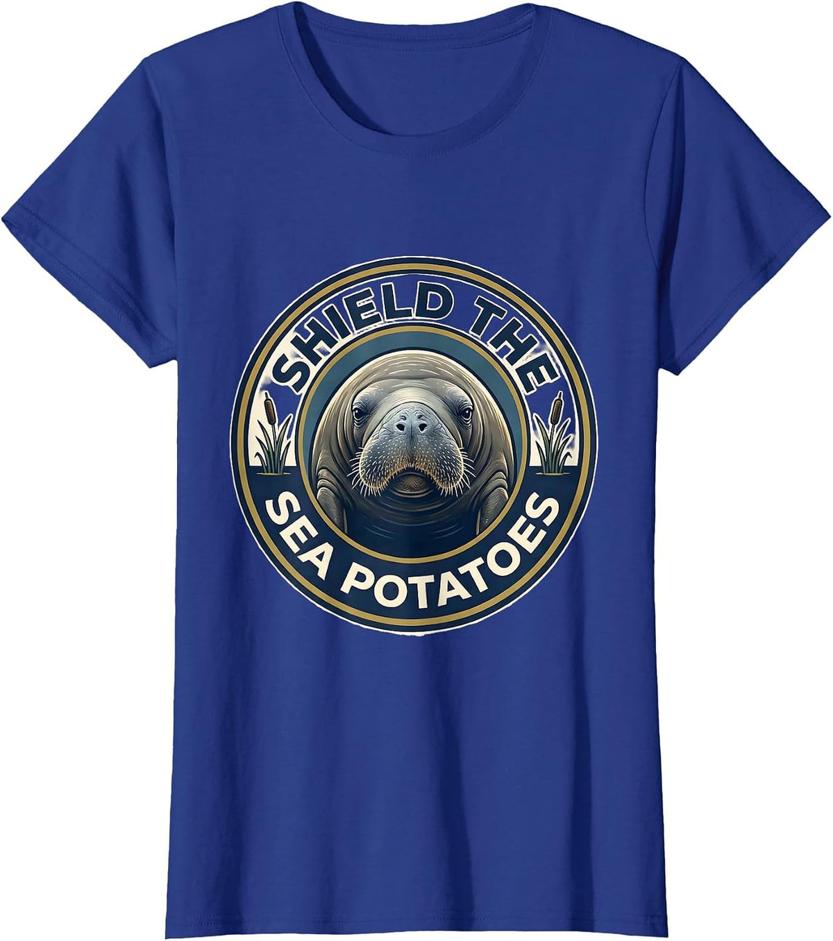 Women's Shield The Sea Potatoes Funny Manatee Lover Crystal River T-Shirt - Royal Blue