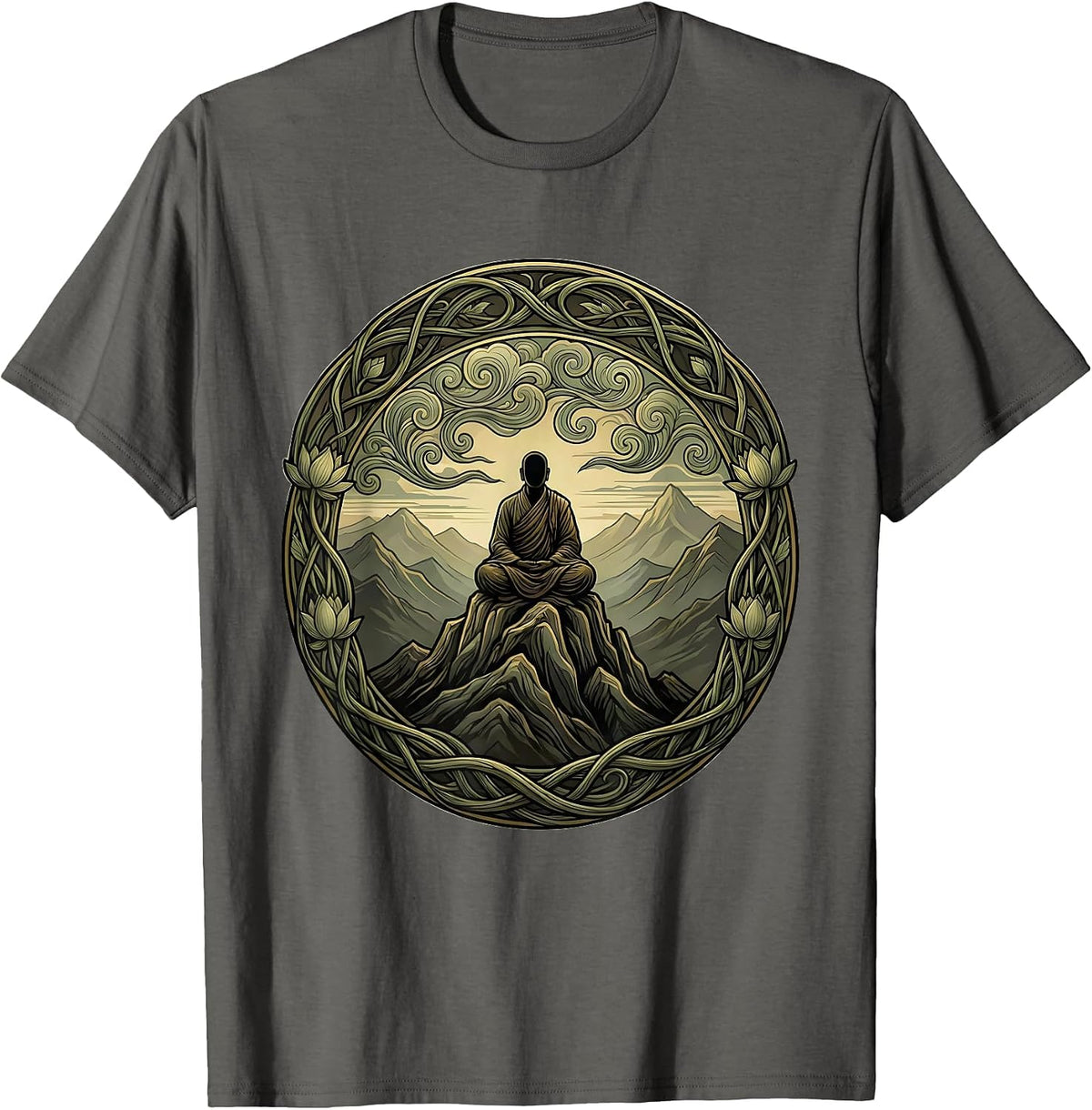 Monk Meditating Mountain Peak Silhouette T-Shirt - Asphalt Grey