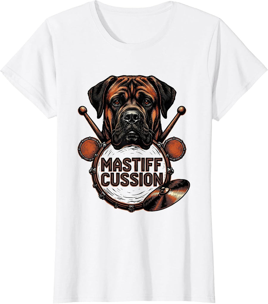 Women's Mastiffcussion Linocut Funny Pet Drummer Rock Humor T-Shirt - White