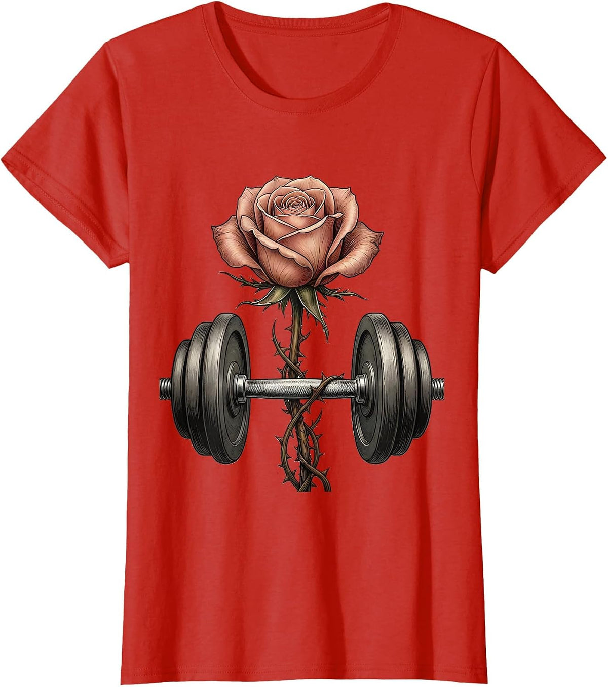 Rose Blooming From Dumbbell Floral Fitness Design T-Shirt - Red