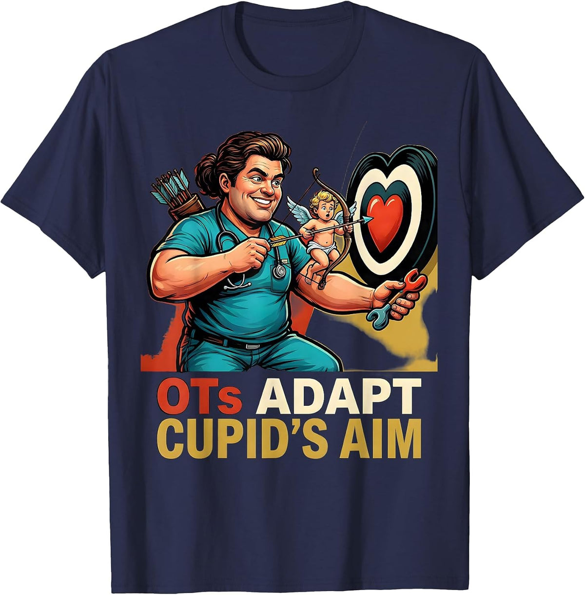 Men's OTs Adapt Cupid's Aim Funny Occupational Therapist Valentine T-Shirt - Navy Blue