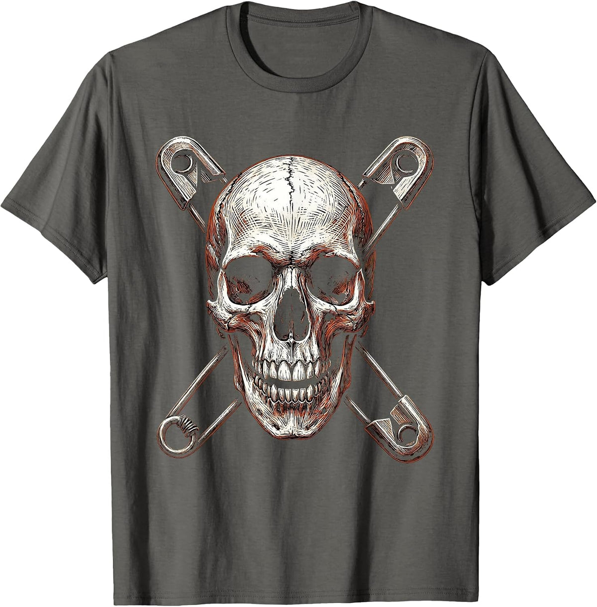 Crow Skull Crossed Safety Pins Punk Art T-Shirt - Asphalt Grey