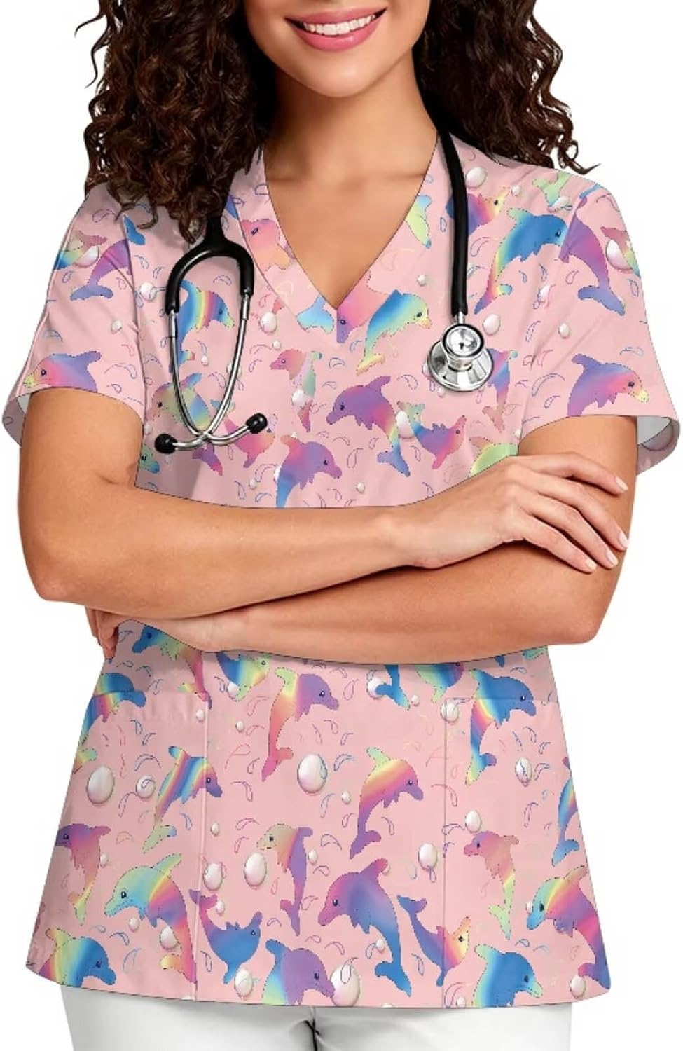 Women V-Neck Scrub Top, Soft Stretch Printed Medical Nurse Uniform - Rainbow Dolphin