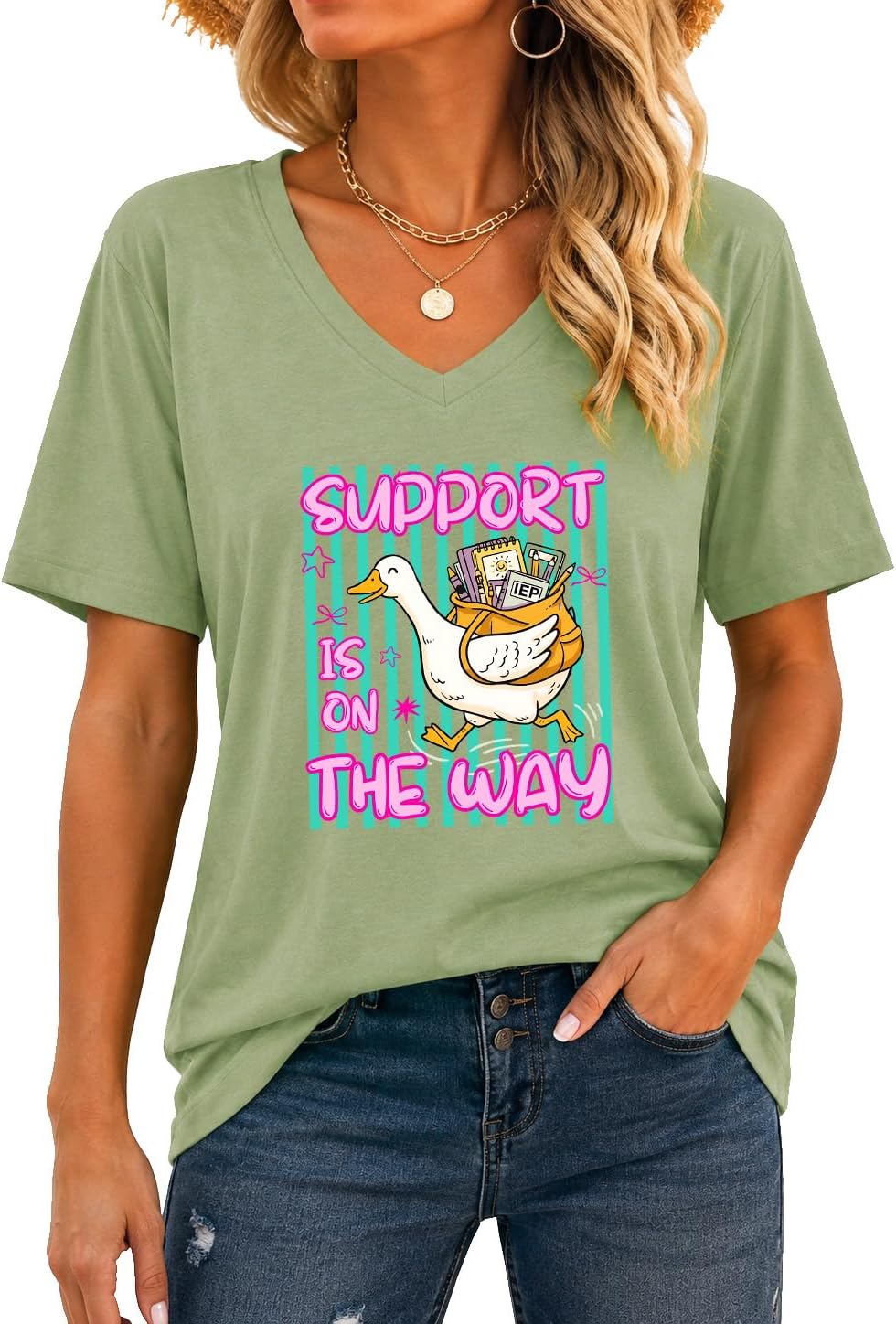Support is On The Way Cute Goose Tshirt SPED Special Education Teacher Tee - V-Neck Green-vneck