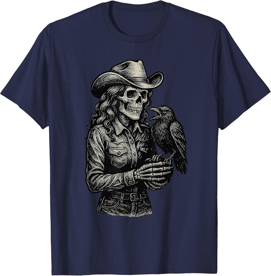 Skeleton Cowgirl Crow Cowboy Goth Skull Western Gothic Raven T-Shirt - Navy Blue