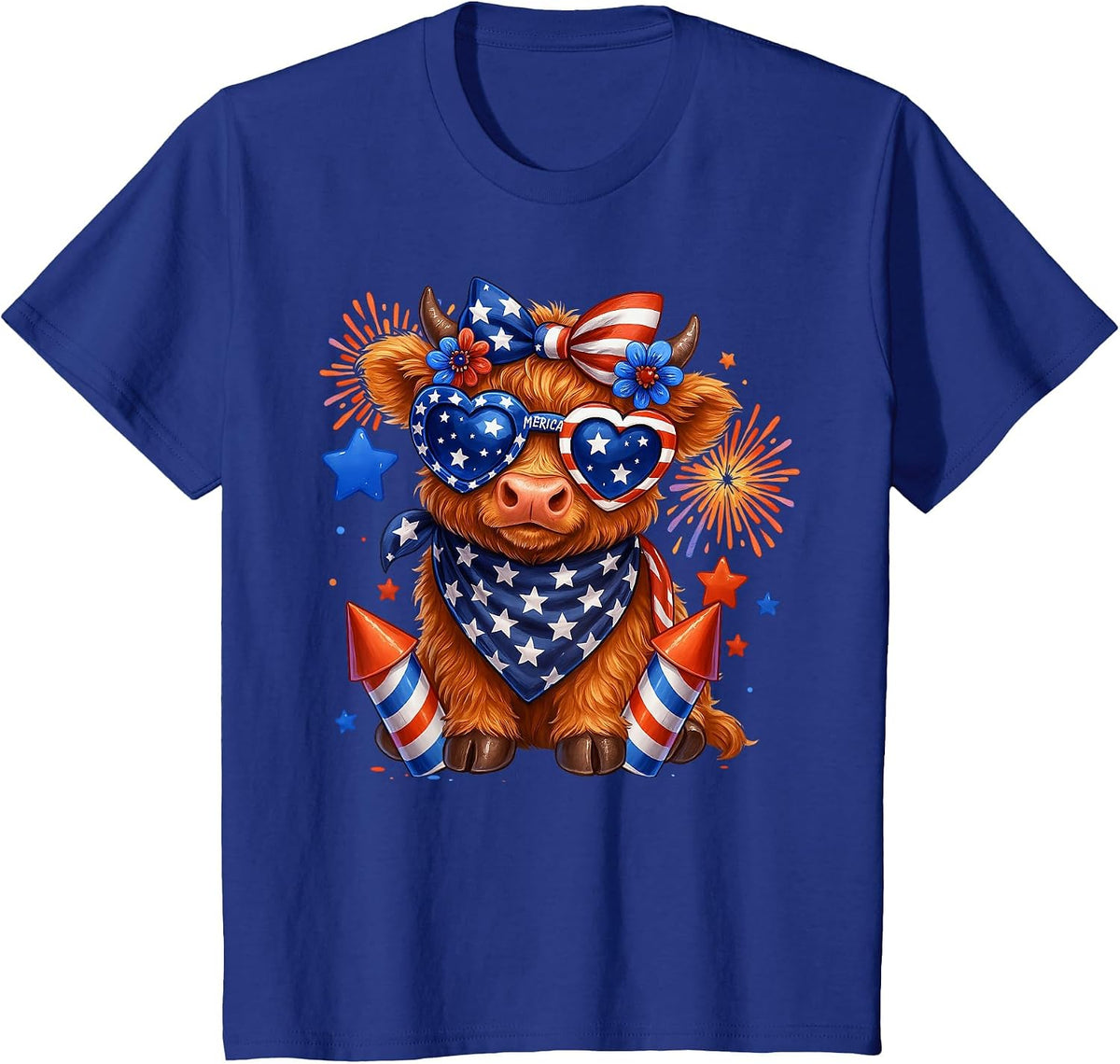 Cute Highland Cow 4th of July USA Flag Patriotic Cow Farmer T-Shirt - Royal Blue