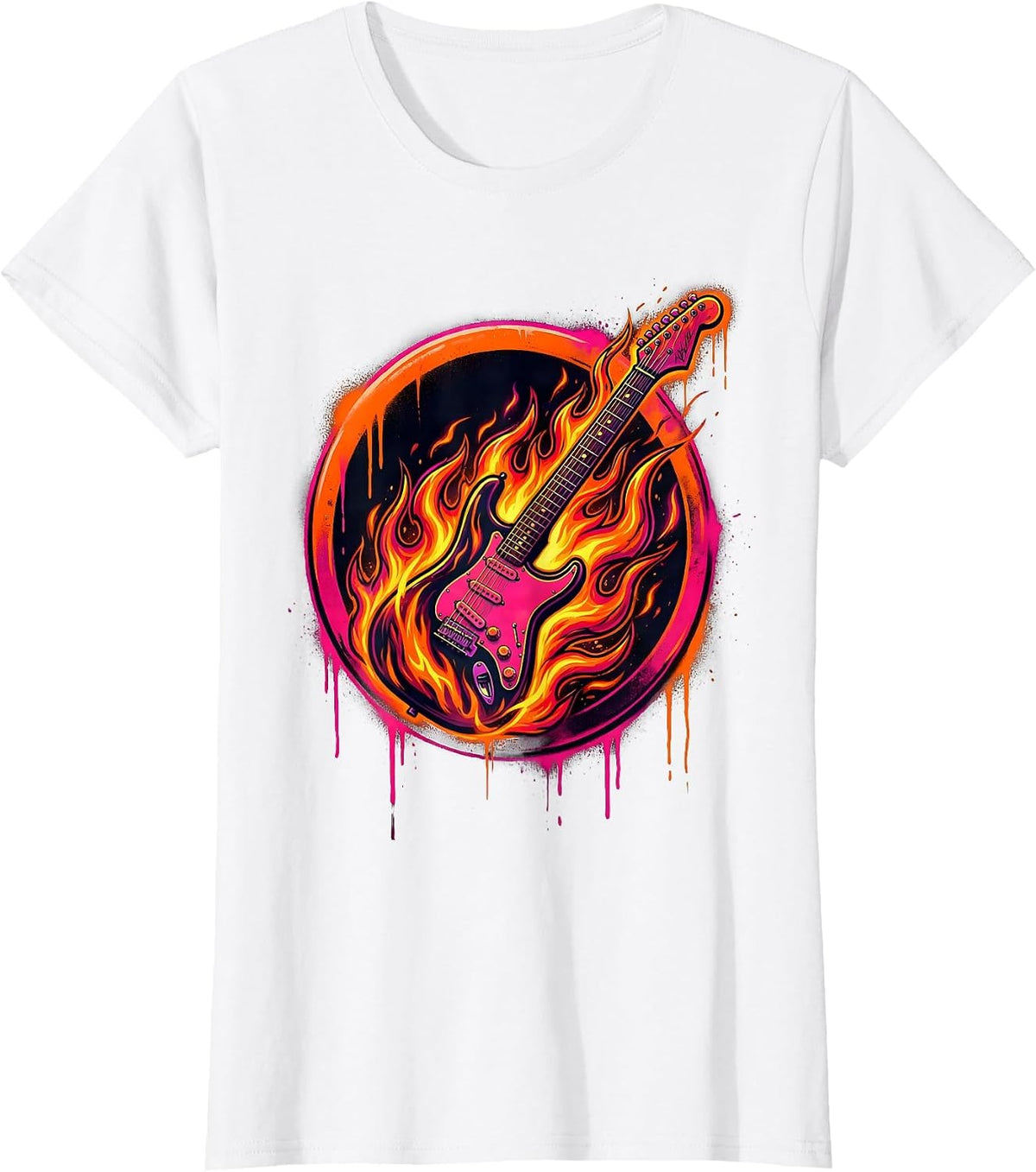 Flaming Electric Guitar Rock Band Graphic T-Shirt - White