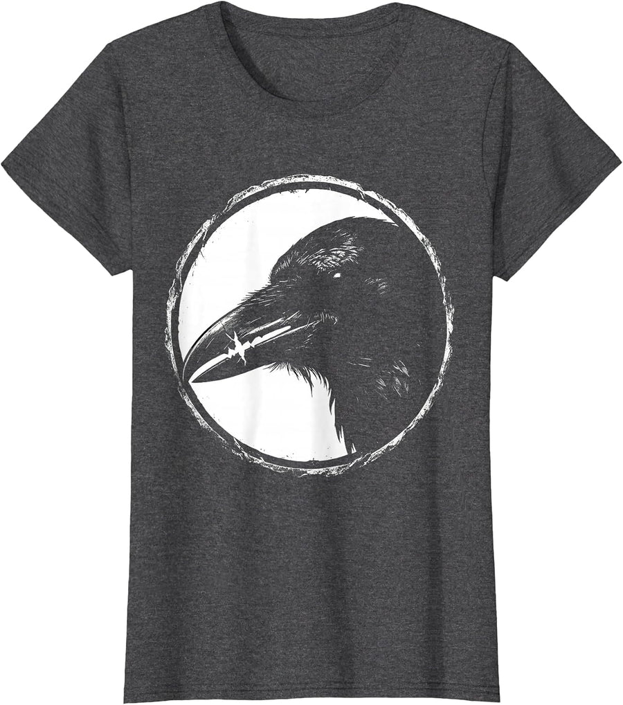 Women's Grunge Raven Skull Cracked Beak Dark Art Design T-Shirt - Dark Heather Grey