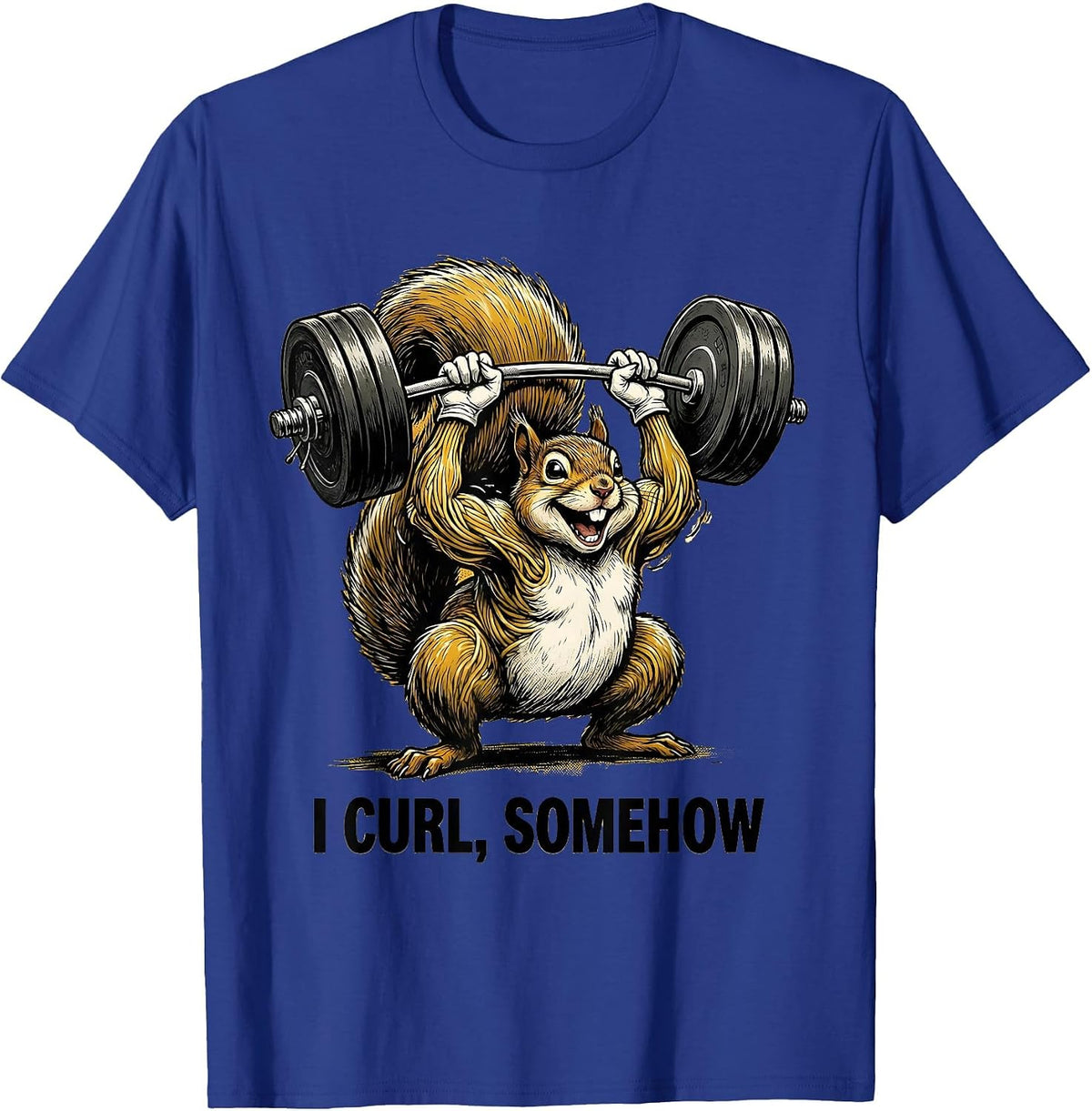 Men's I Curl Somehow Retro Cartoon Funny Gym Workout Weightlifting T-Shirt - Royal Blue
