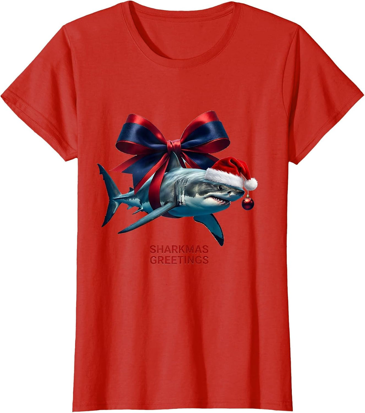 Sharkmas Greetings Funny Shark Santa Hat Christmas Lights T-Shirt - Red