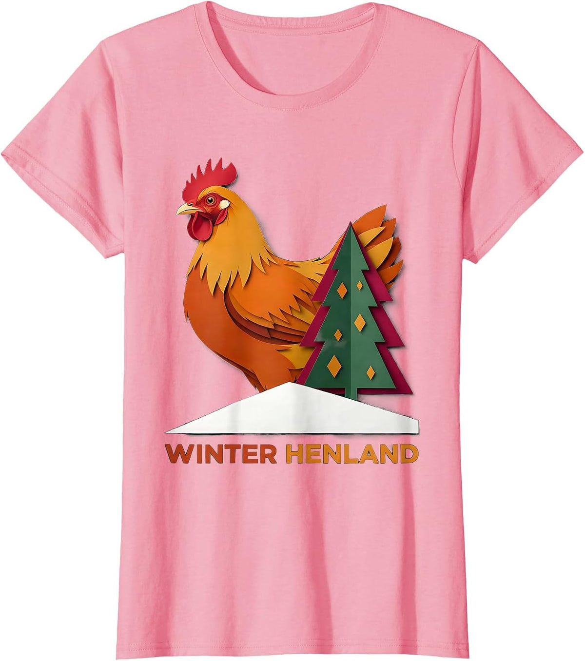 Women's Winter Henland Paper Cutout Funny Chicken Lover Christmas T-Shirt - Pink
