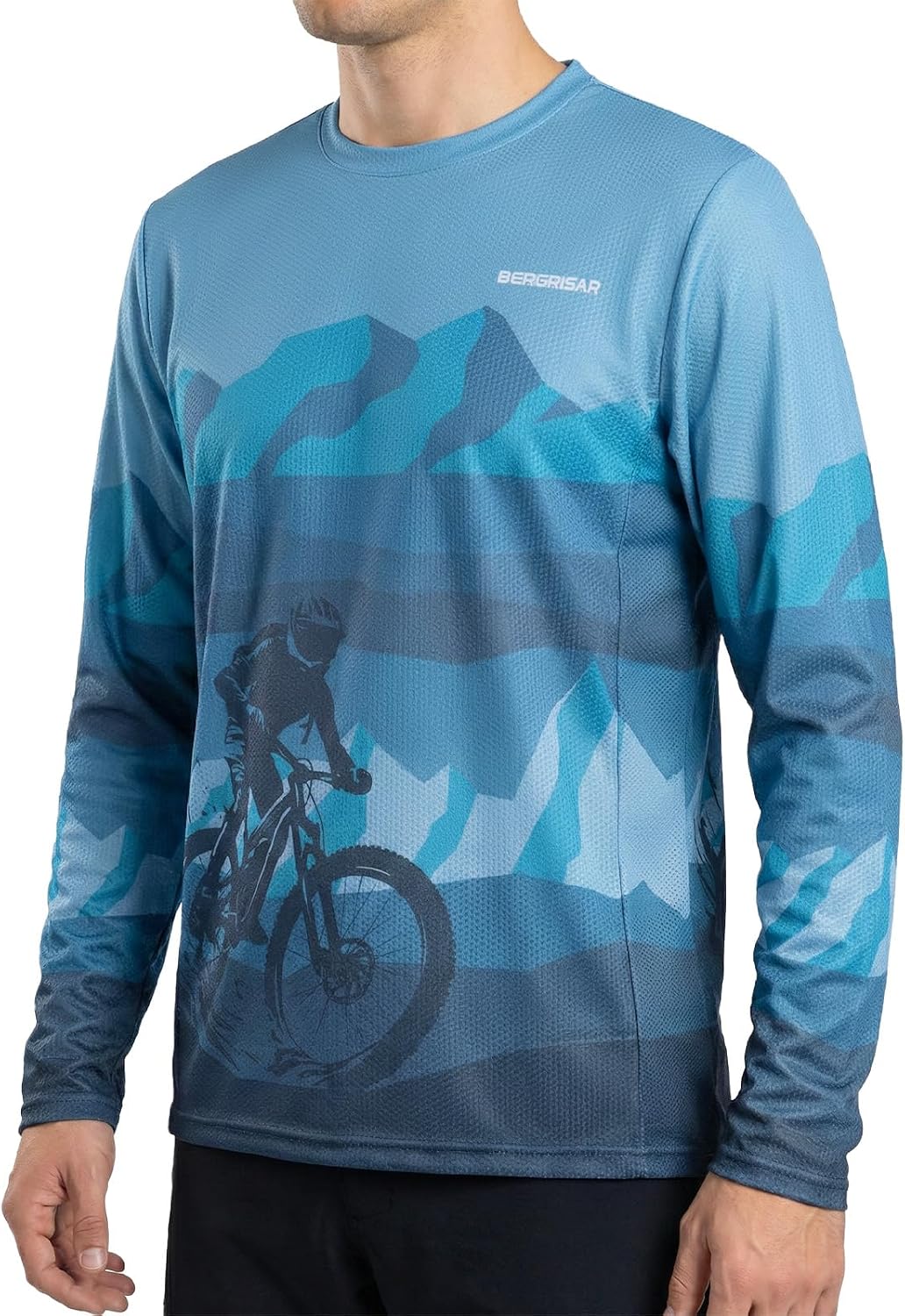 BERGRISAR Men's Mountain Bike Jersey Long Sleeve Bike Shirts - Grey Blue Mountain