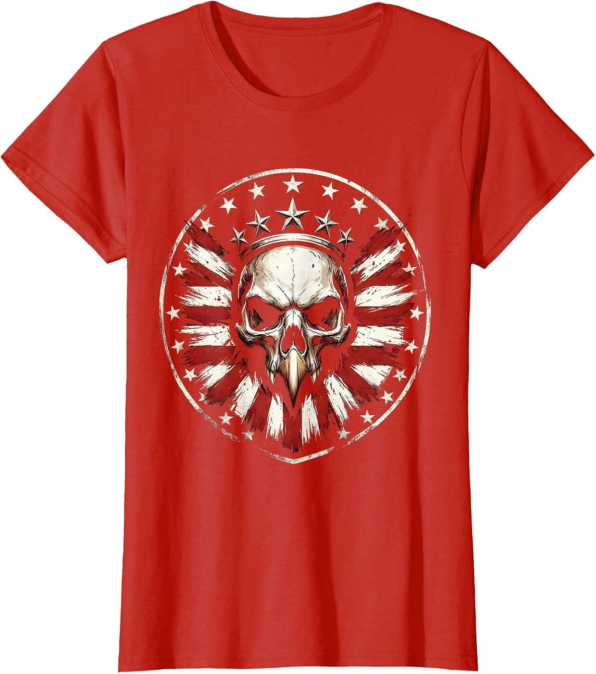 Women's Patriotic Bald Eagle Skull Star Crown Design T-Shirt - Red