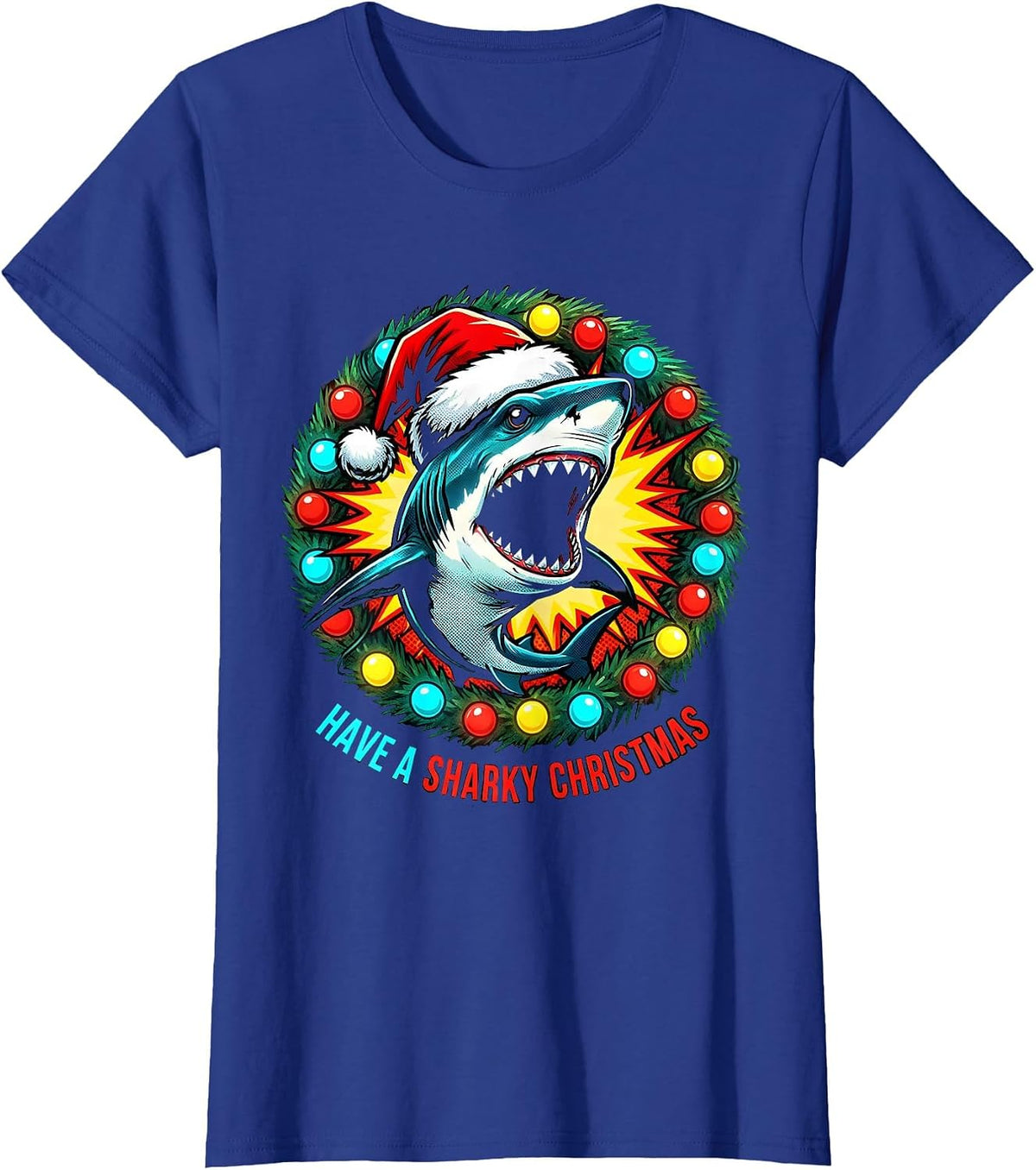 Women's Have a Sharky Christmas Funny Pop Art Shark Santa Hat T-Shirt - Royal Blue