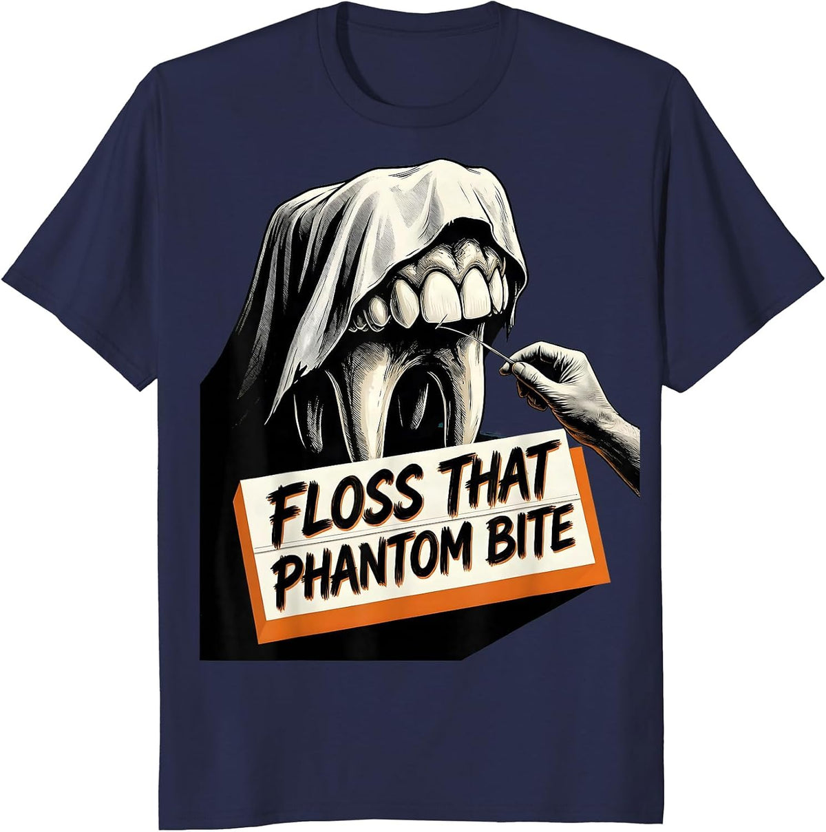 Men's Floss That Phantom Bite Funny Dental Hygienist Halloween T-Shirt - Navy Blue