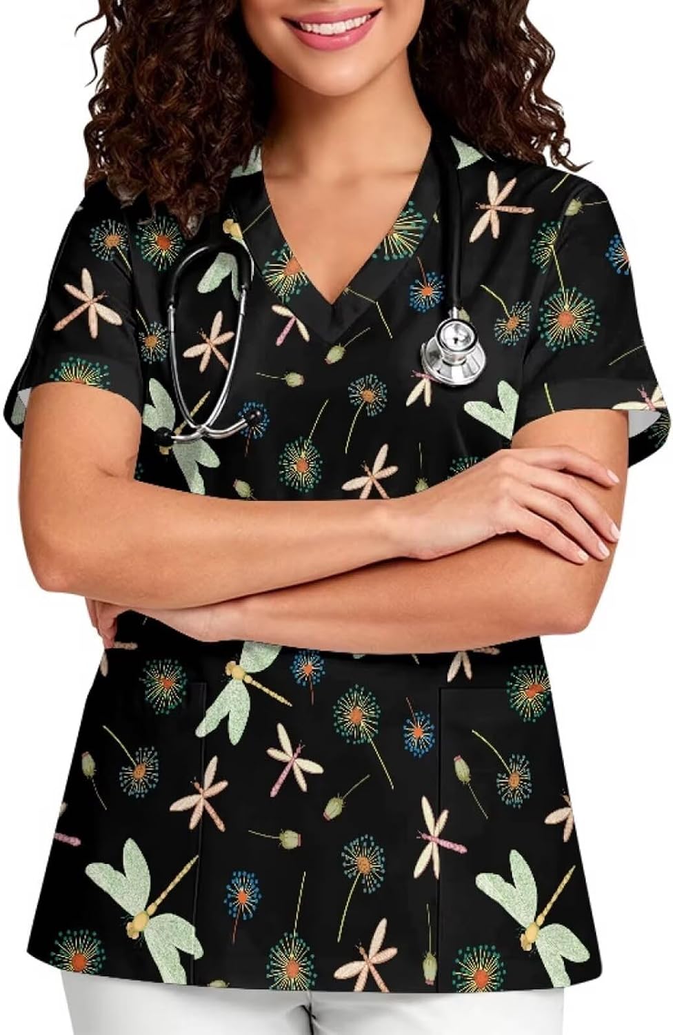 Women V-Neck Scrub Top, Soft Stretch Printed Medical Nurse Uniform - Dragonfly & Dandelion