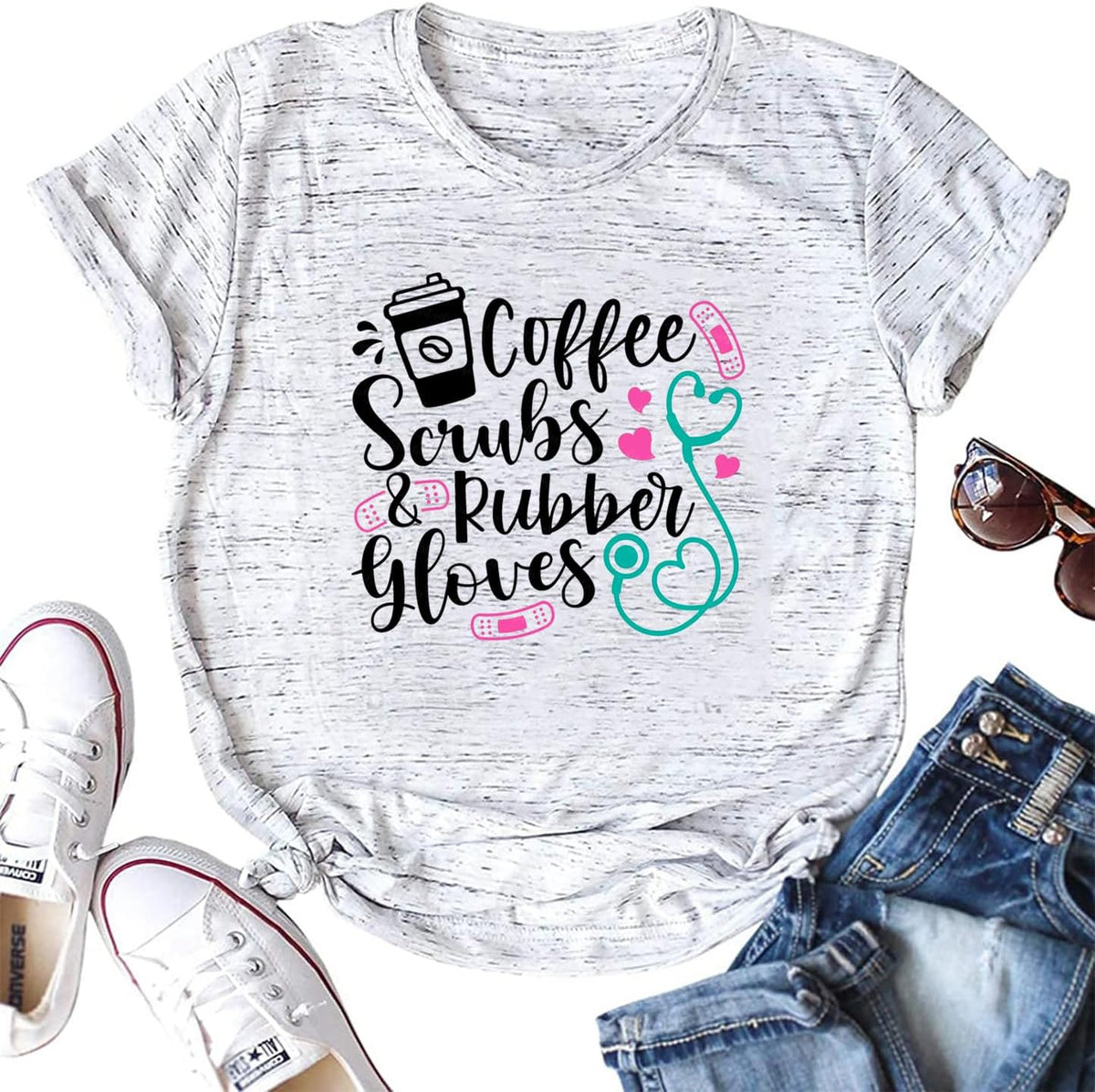 TSIIUO Women's Nurse Life Coffee T-Shirt Coffee Scrubs and Rubber Gloves Shirt Funny Gifts Casual Short Sleeve Tee Tops -