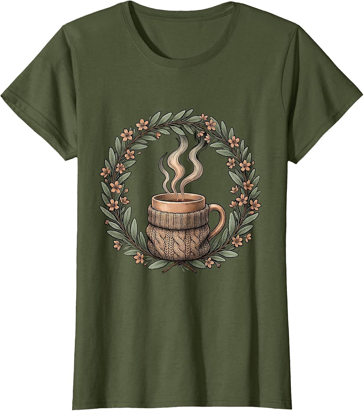 Women's Cozy Season Knit Sweater Mug Illustration T-Shirt - Olive Green