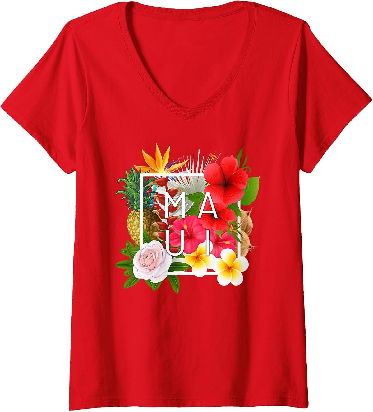 Women's Flowers of Maui Word Art - Hawaiian Island Souvenir V-Neck T-Shirt - Red