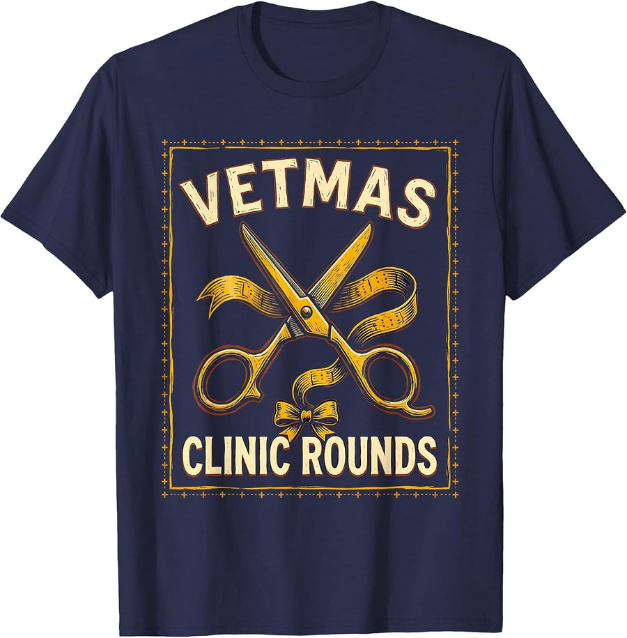 Vetmas Clinic Rounds Funny Vet Tech Christmas Veterinary T-Shirt - Navy Blue