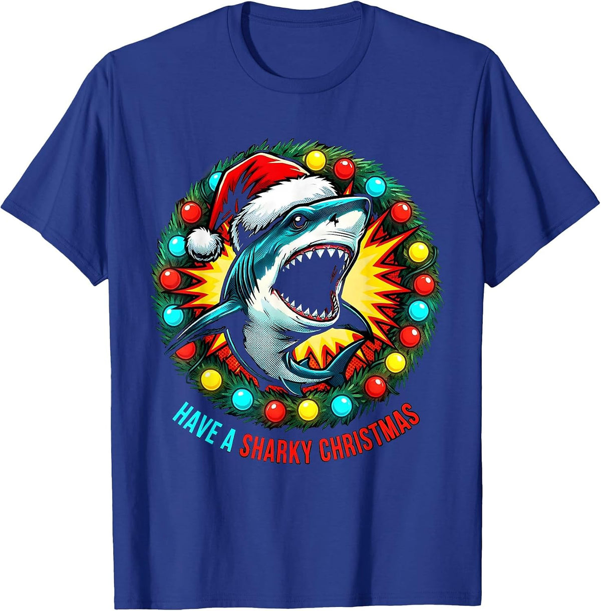 Men's Have a Sharky Christmas Funny Pop Art Shark Santa Hat T-Shirt - Royal Blue