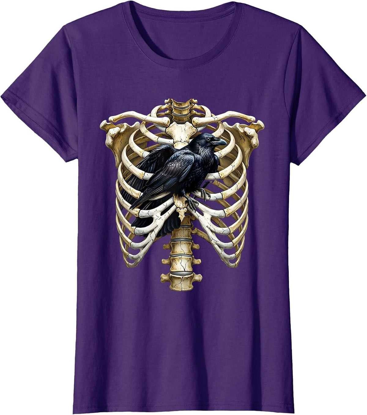 Women's Raven in Skeleton Ribcage Dark Gothic Art T-Shirt - Purple
