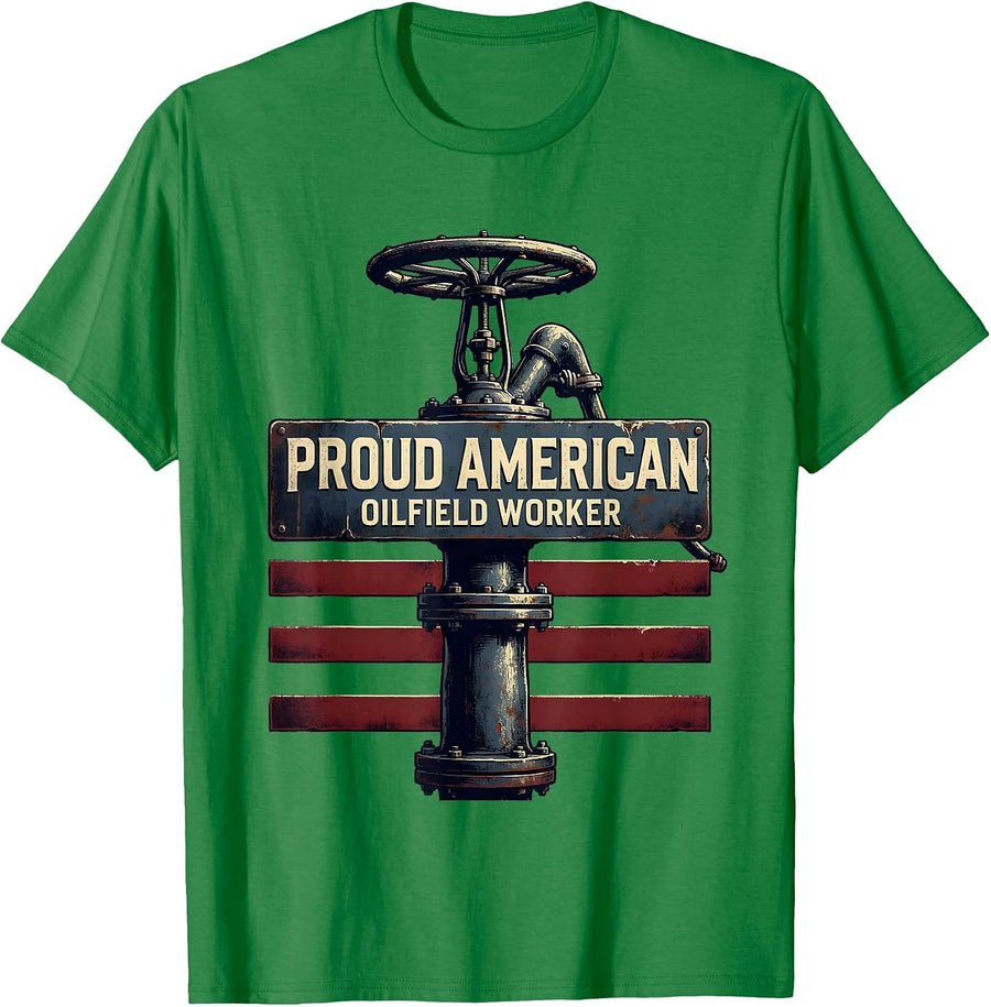 Men's Proud American Oilfield Worker Vintage Oil Rig USA Flag T-Shirt - Kelly Green