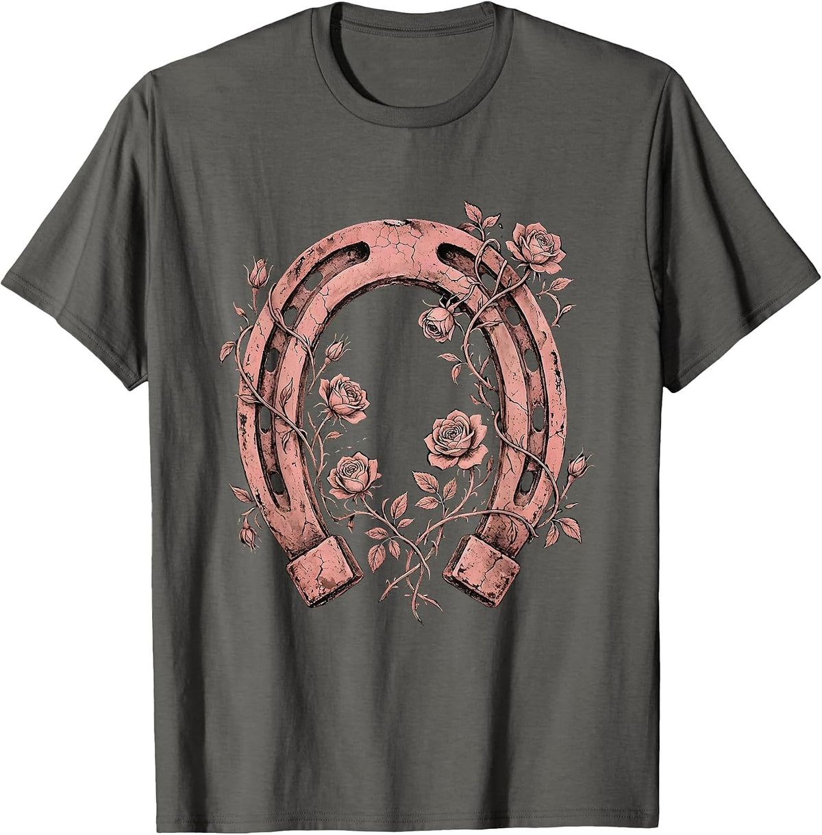 Pink Cowgirl Horseshoe Wild Roses Floral Design T-Shirt - Asphalt Grey