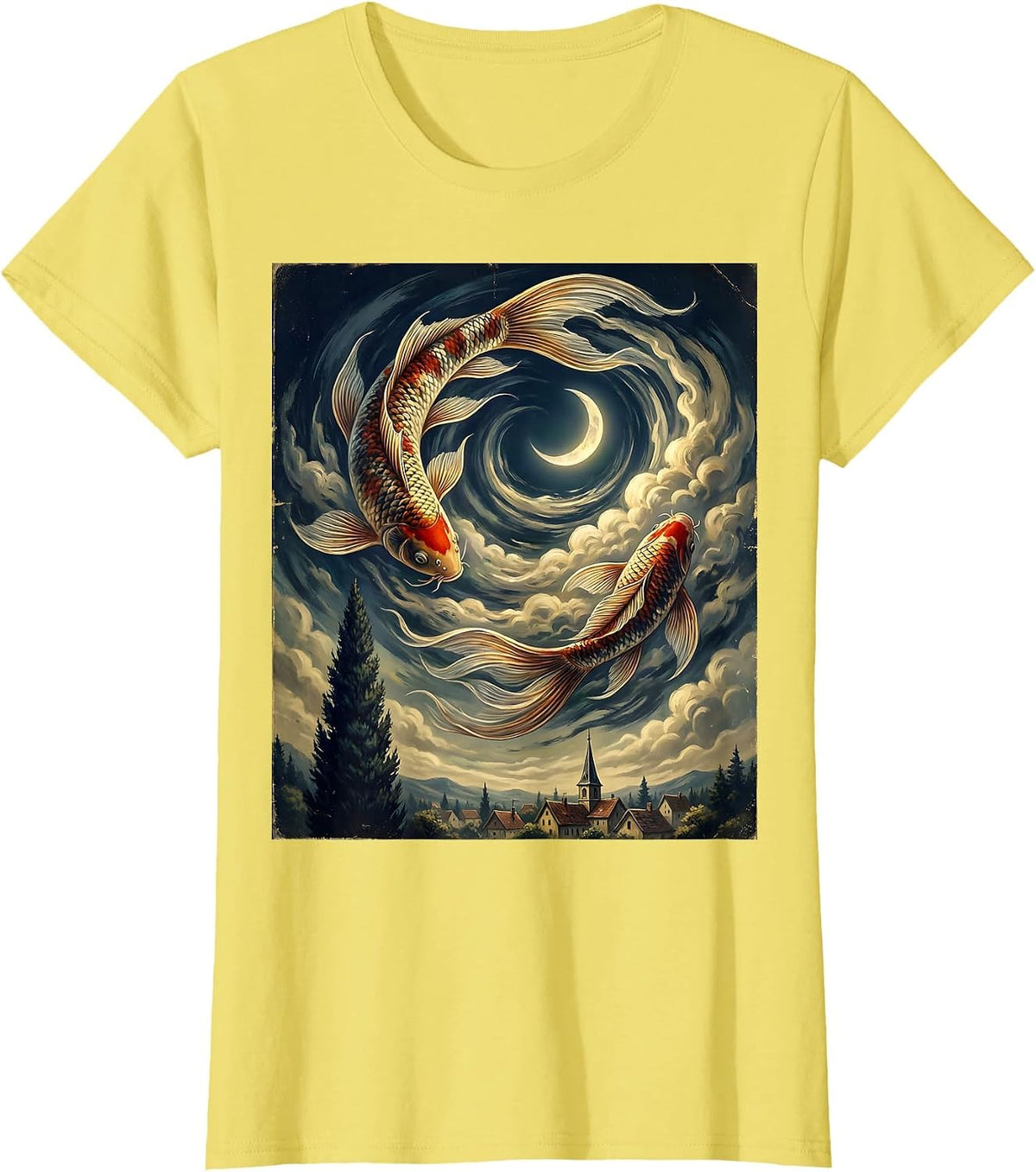 Arched Koi Fish Vintage Van Gogh Starry Night Art Parody T-Shirt - Lemon Yellow