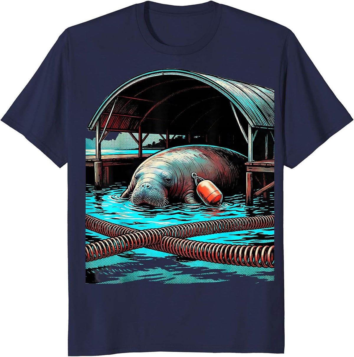 Manatee Under Dock Pop Art Manatee Lover Crystal River T-Shirt - Navy Blue