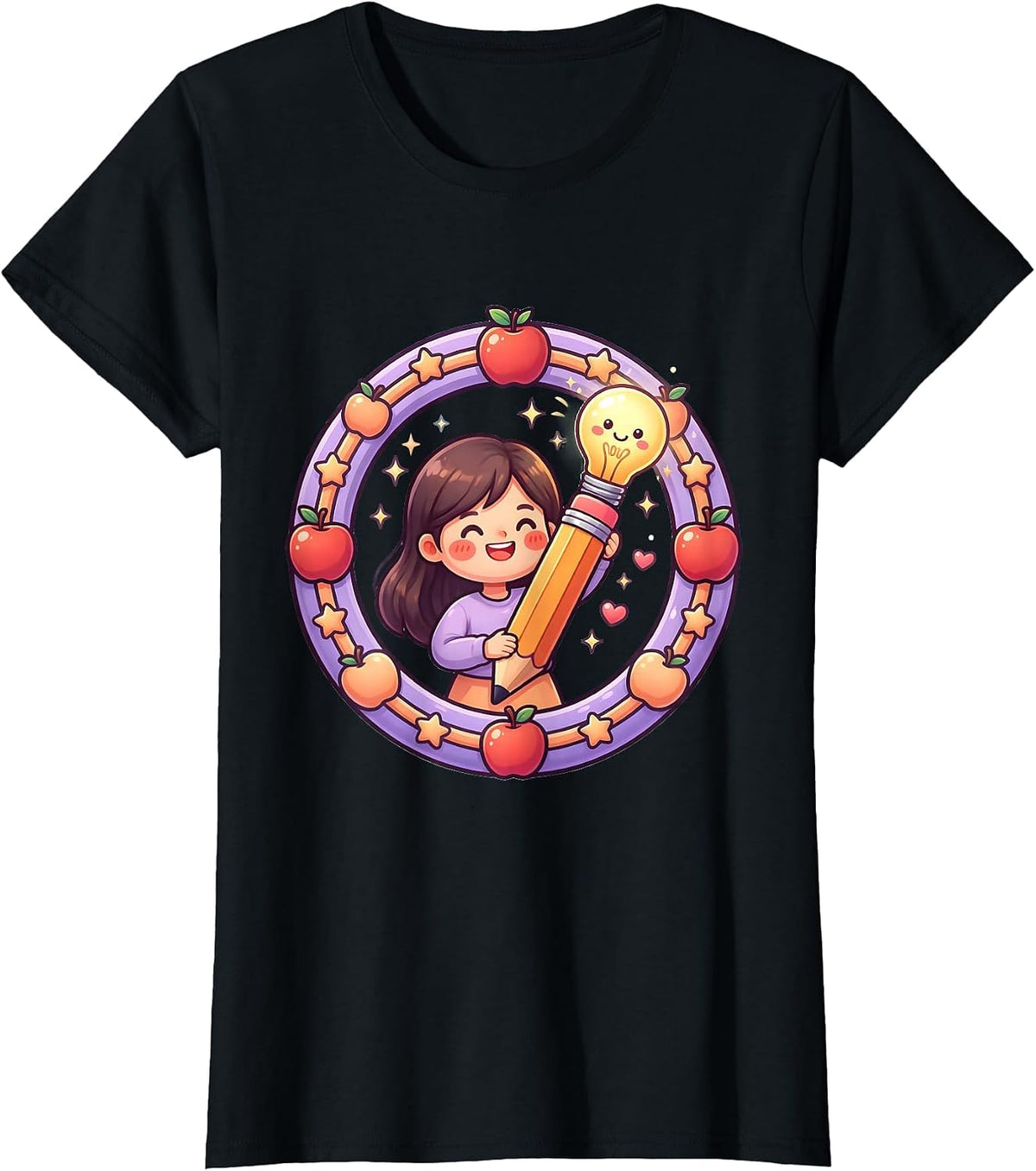 Elementary Teacher Lightbulb Pencil Raise Hand Design T-Shirt - Black