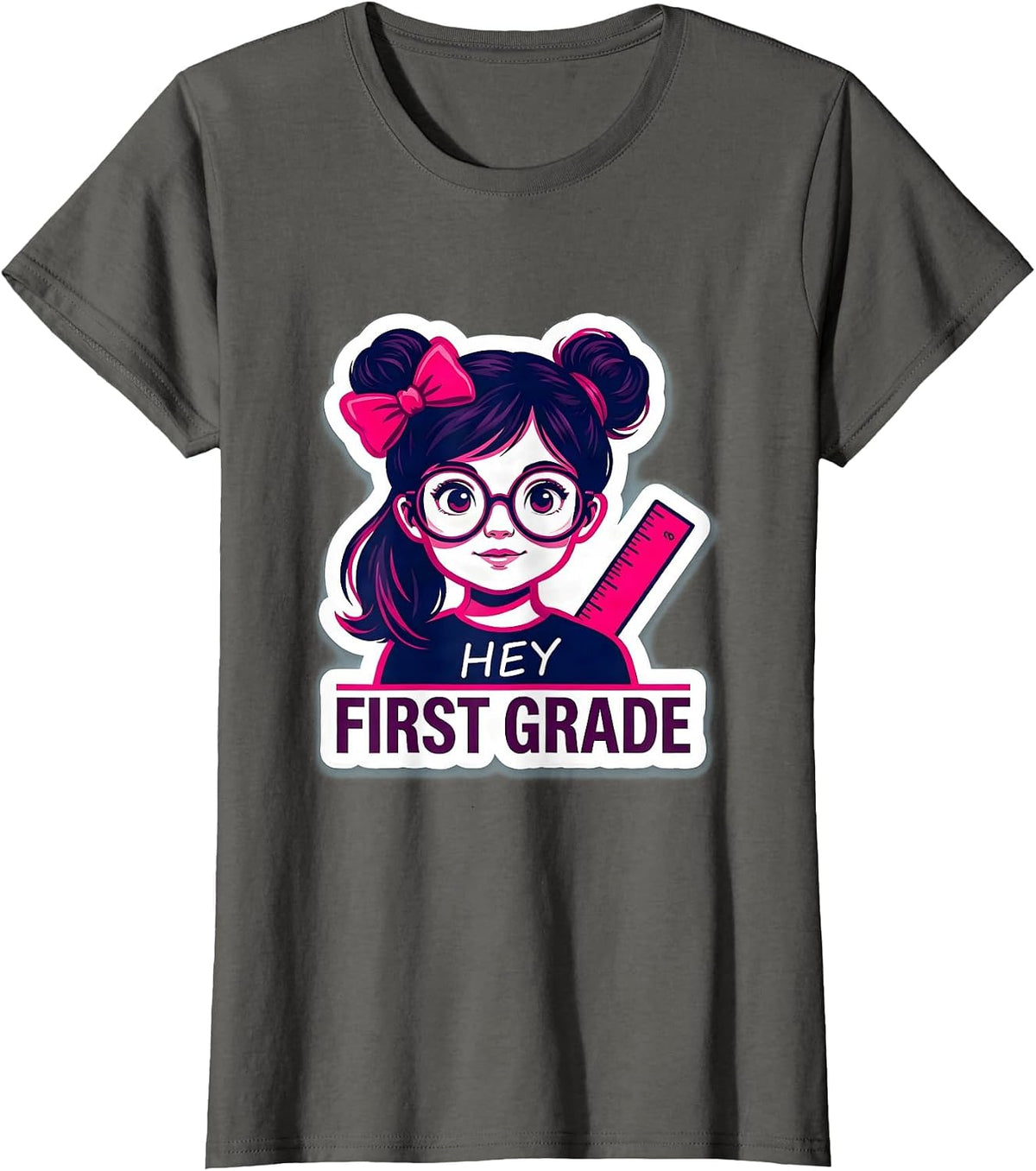 Women's Hey, First Grade Cute Messy Bun Back To School Girl T-Shirt - Asphalt Grey