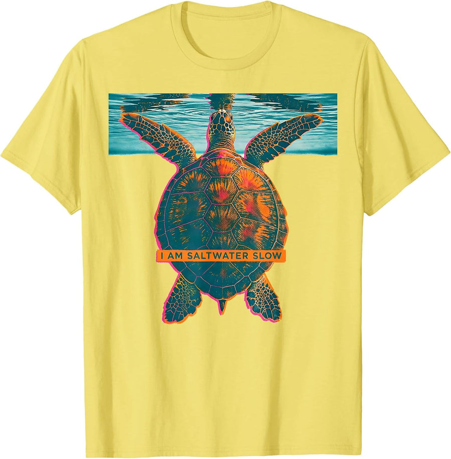 Men's I Am Saltwater Slow Risograph Sea Turtle Lover Beach T-Shirt - Lemon Yellow