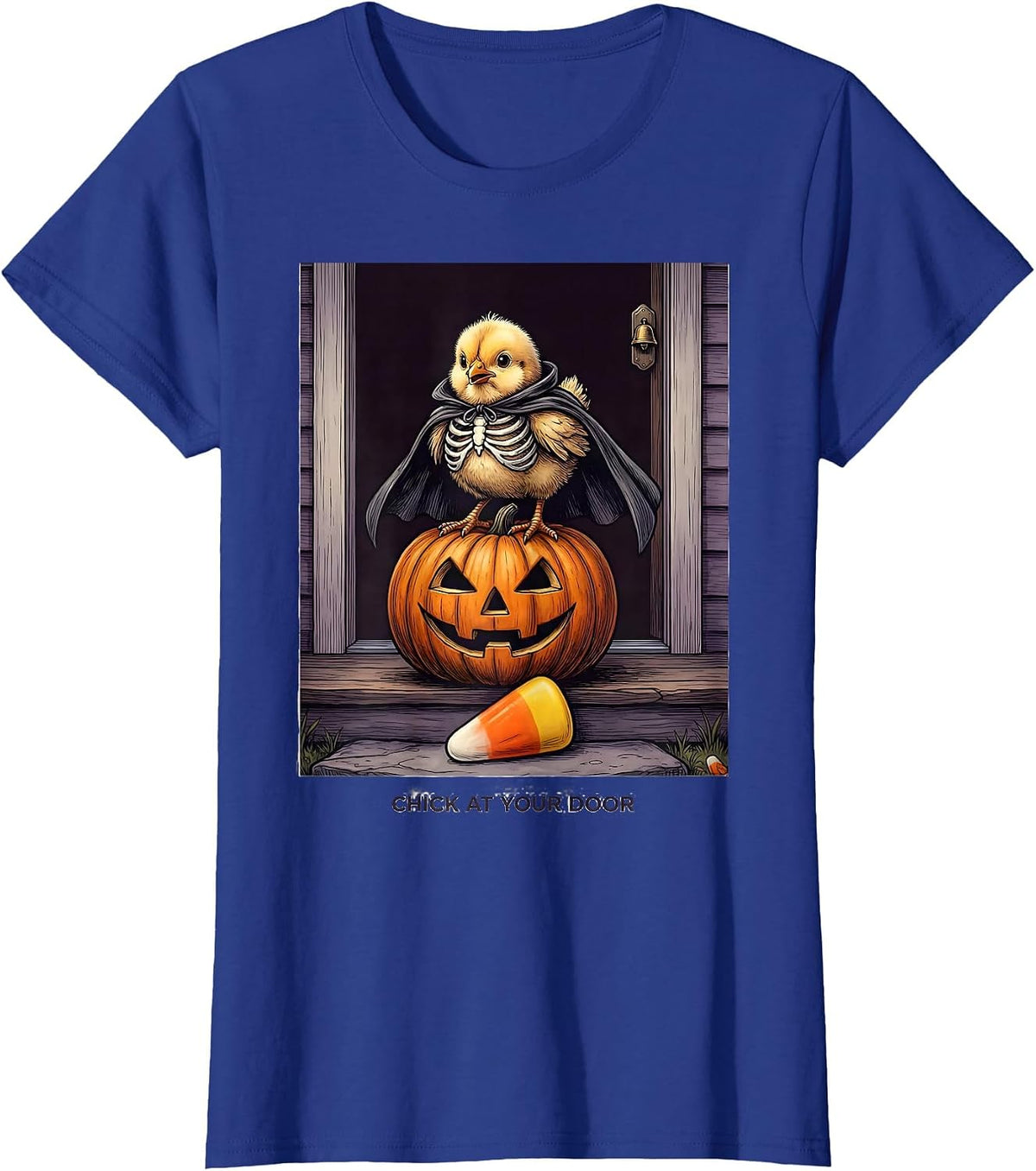 Women's Chick At Your Door Funny Halloween Chicken Lover Costume T-Shirt - Royal Blue