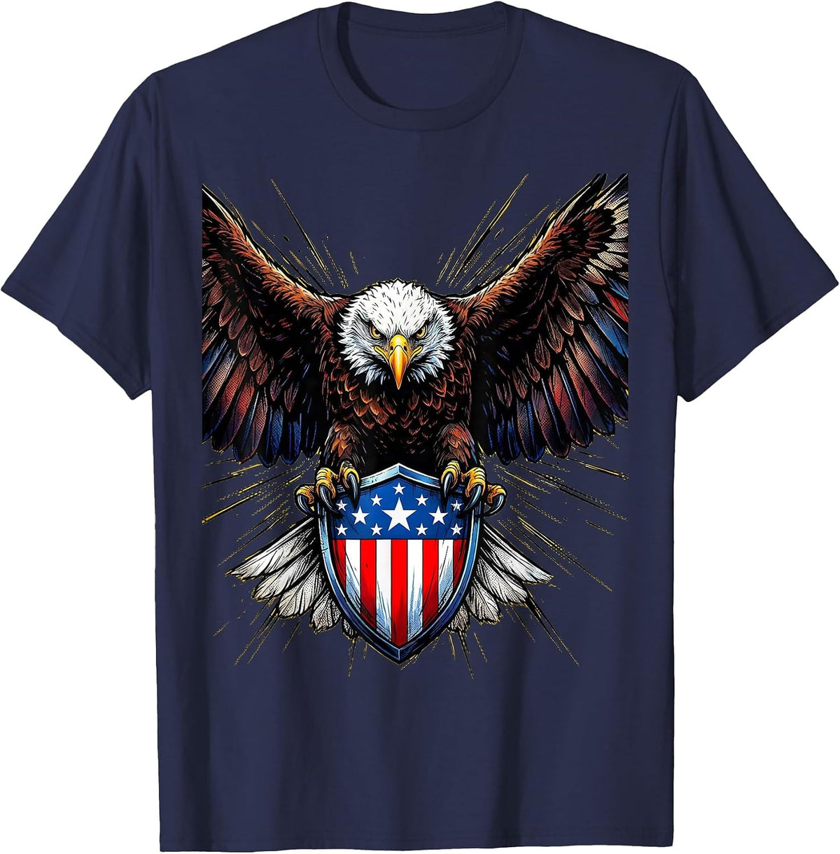 Boys Patriotic Bald Eagle American Flag Shield T-Shirt - Navy Blue