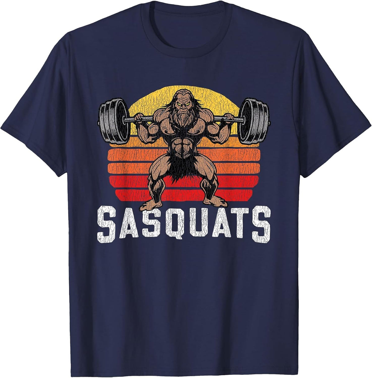Sasquats Leg Day Weightlifting Bigfoot Squat Distressed 80s T-Shirt - Navy Blue