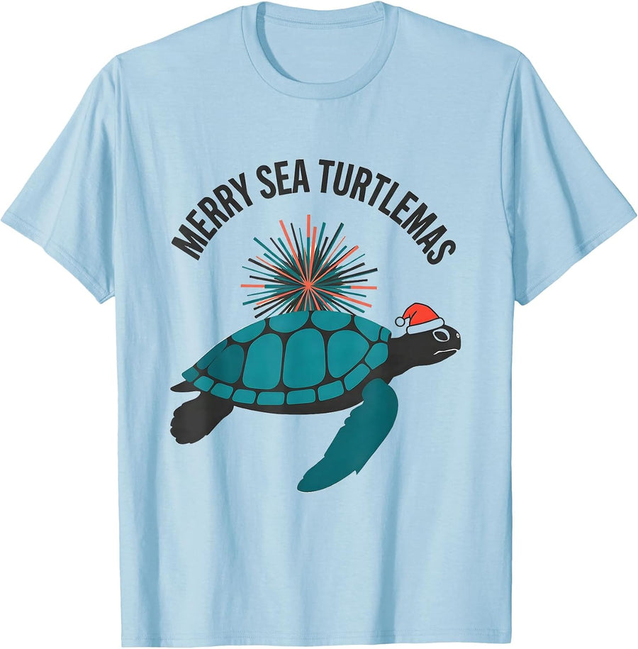 Men's Merry Sea Turtlemas Midcentury Modern Sea Turtle Lover T-Shirt - Baby Blue