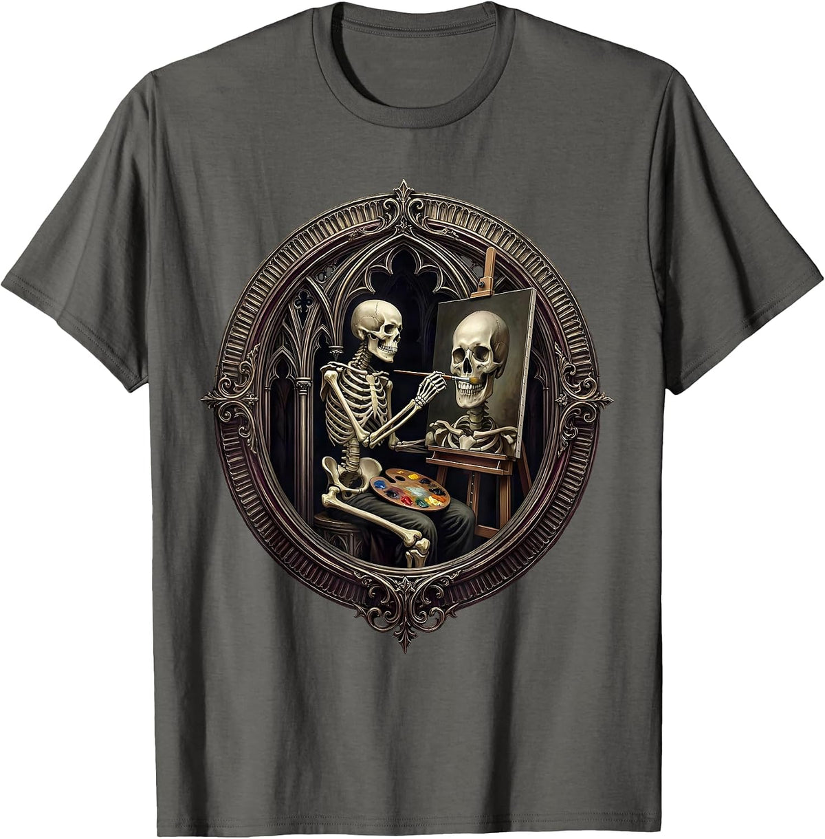 Skeleton Self-Portrait Painter Graphic Art T-Shirt - Asphalt Grey