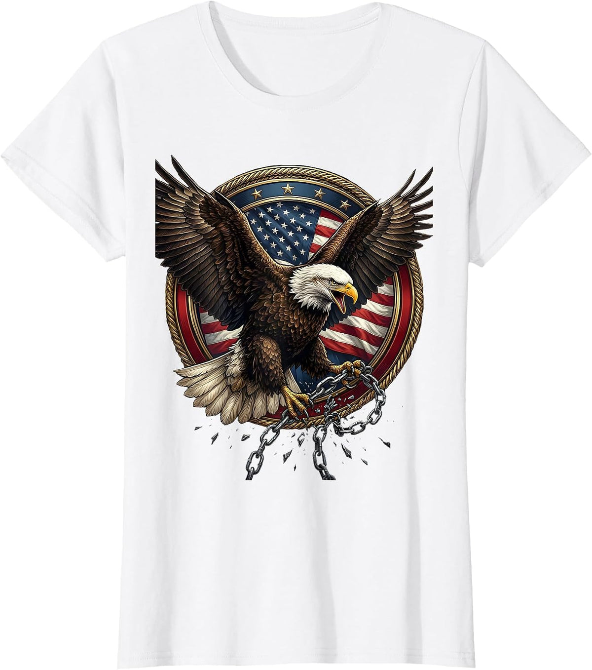 Women's Bald Eagle Breaking Chains Freedom Graphic T-Shirt - White