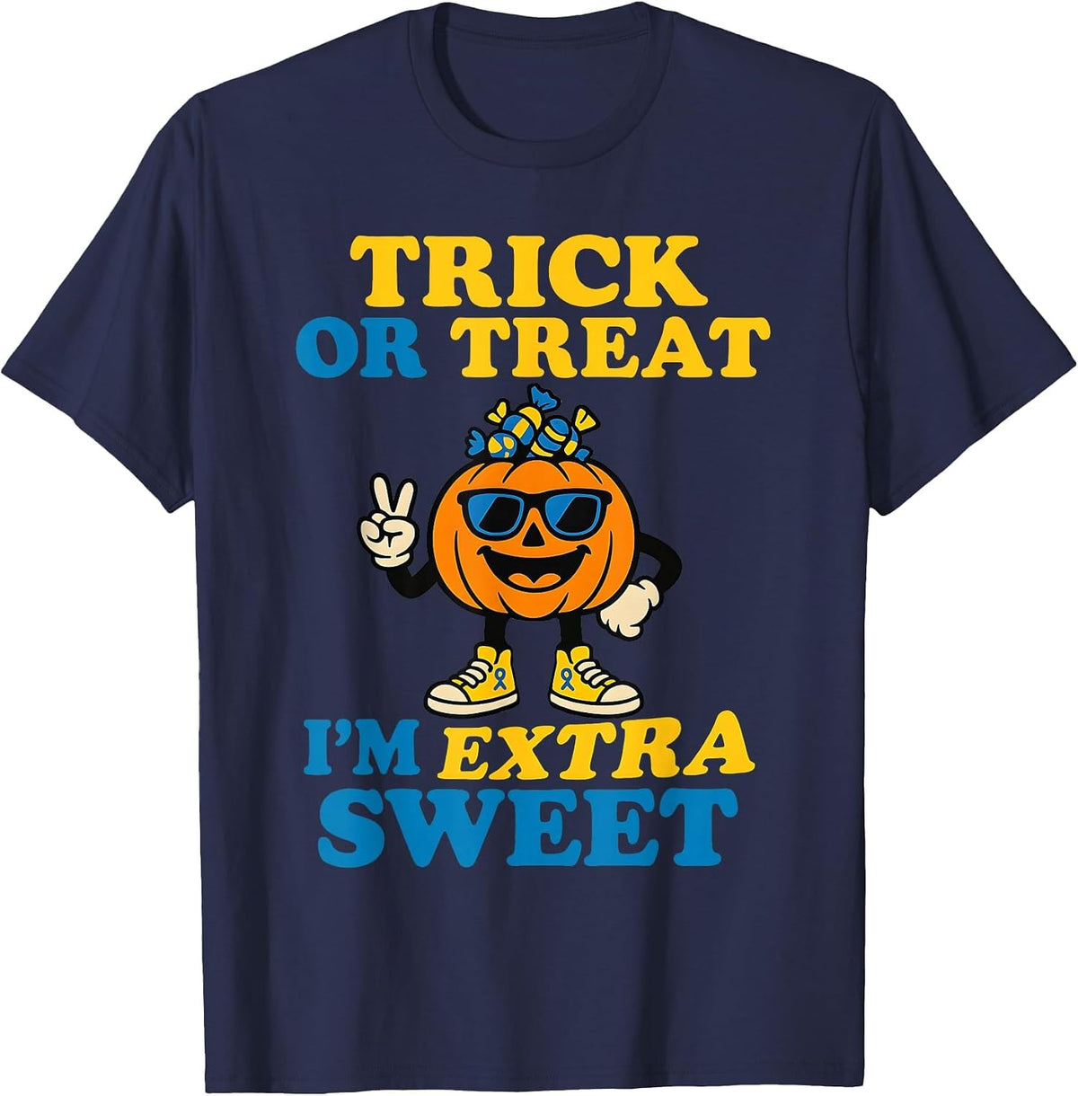 Down Syndrome Halloween Trick Or Treat Pumpkin Candy Cute T-Shirt - Navy Blue
