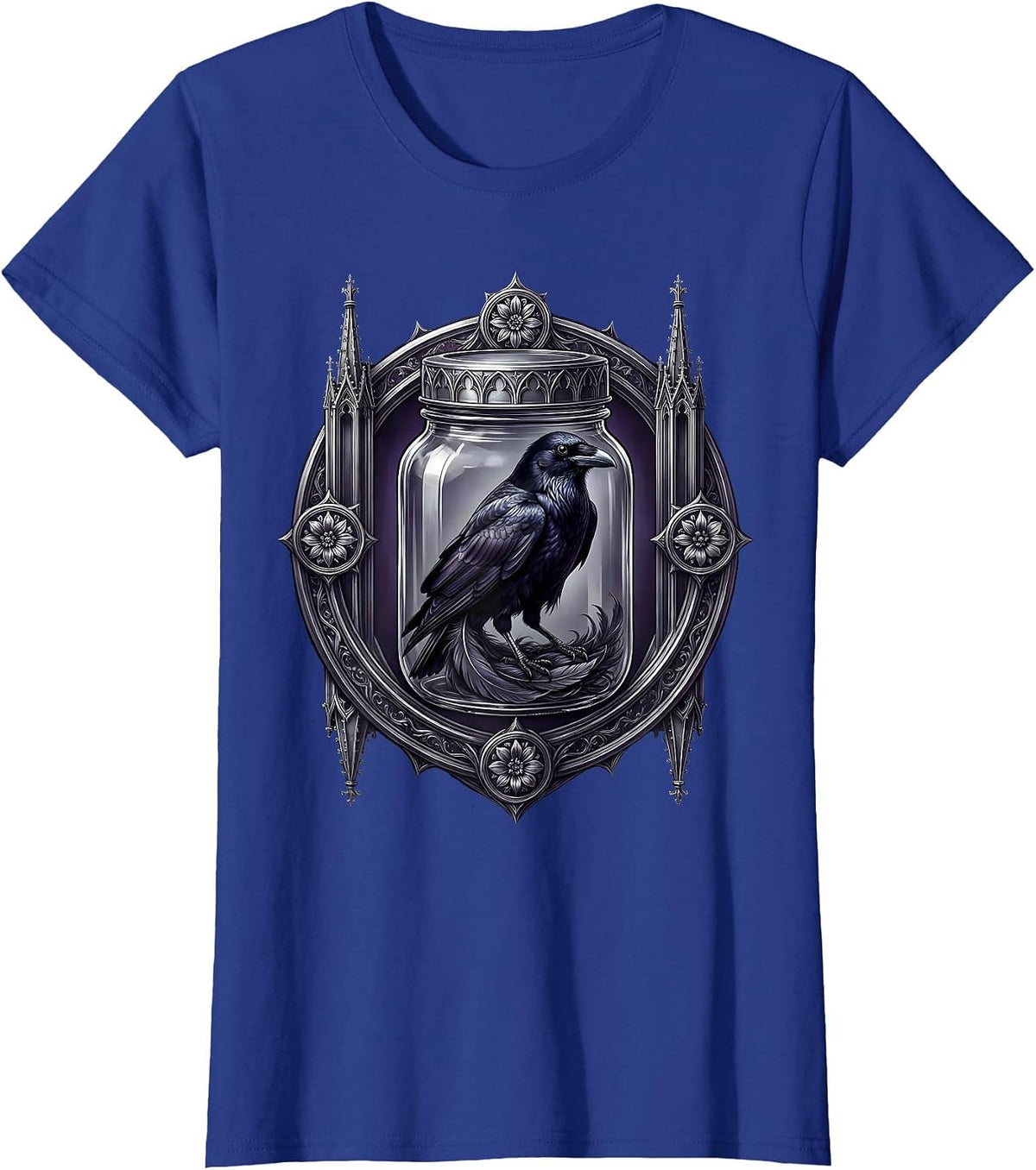 Women's Raven in a Mason Jar Gothic Nature Illustration T-Shirt - Royal Blue