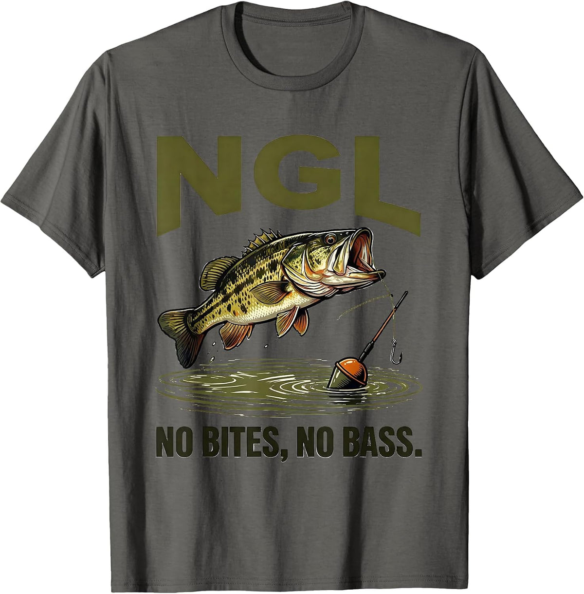 NGL No Bites, No Bass Funny Freshwater Bass Fishing Humor T-Shirt - Asphalt Grey