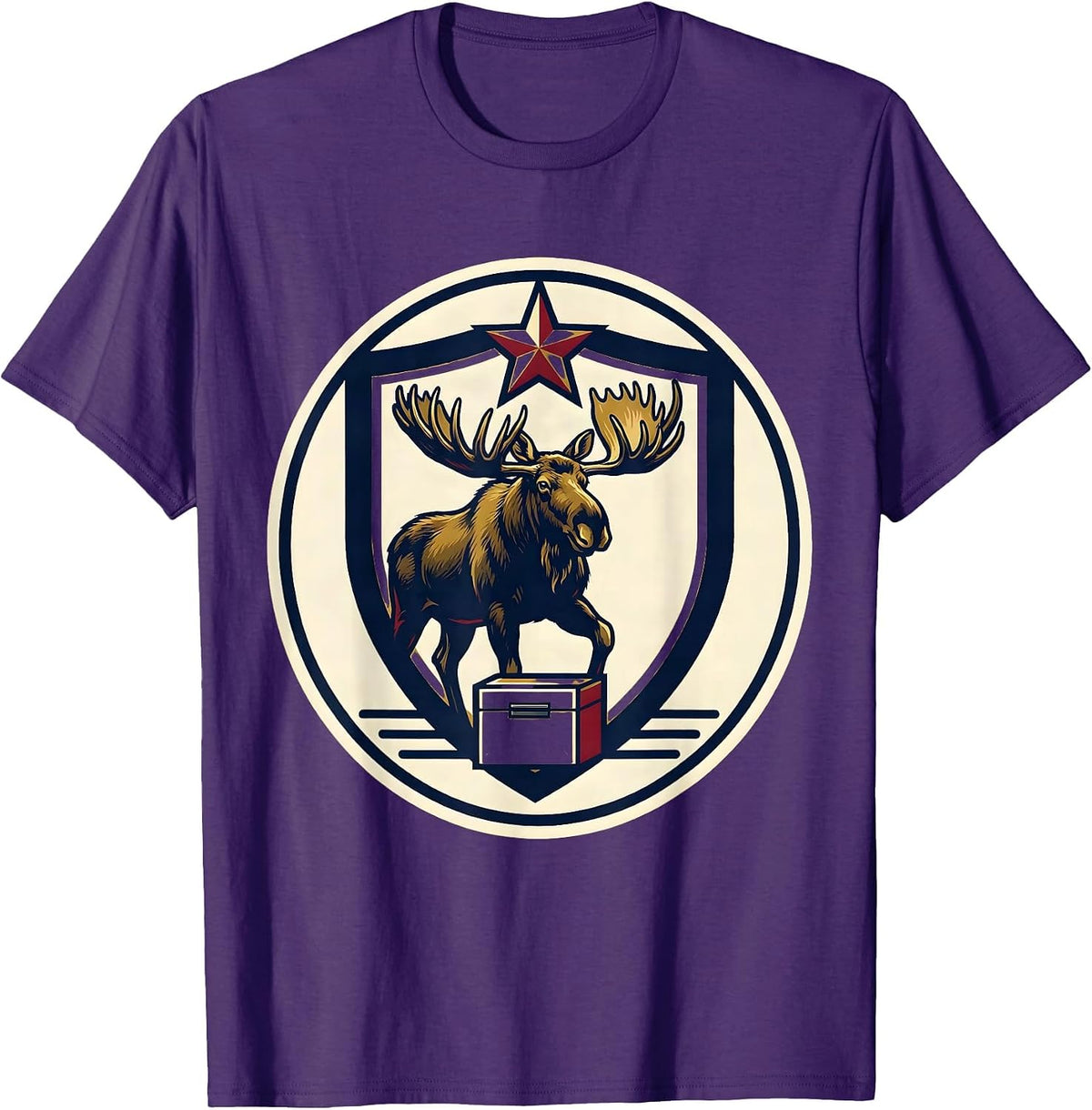 Men's Bull Moose Shield Badge Political Satire History Lover T-Shirt - Purple