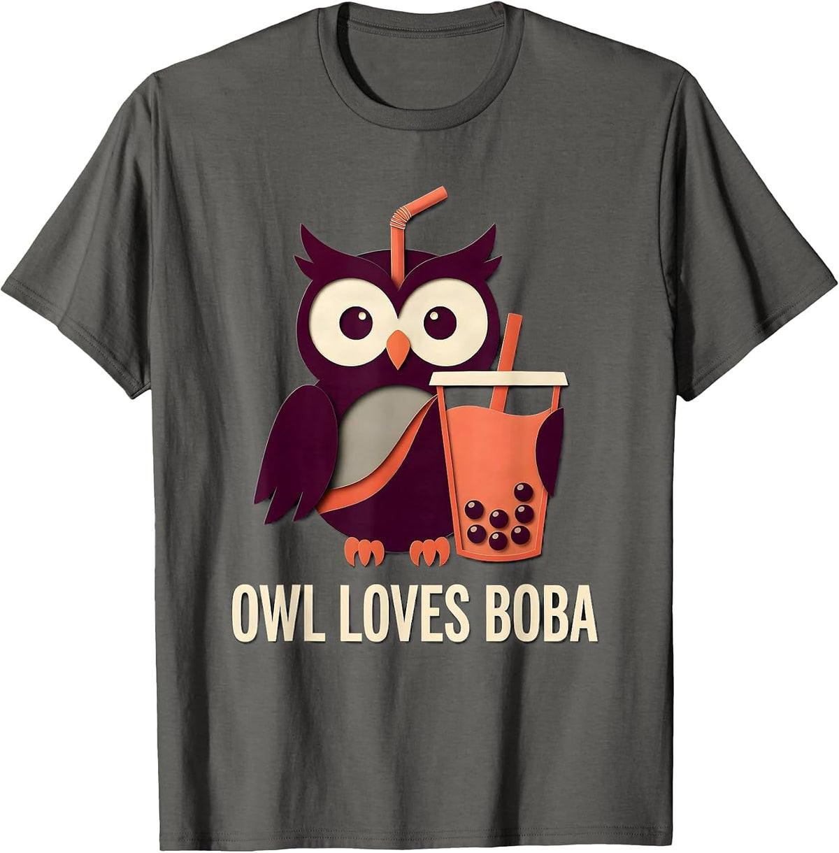 Men's Owl Loves Boba Cute Kawaii Animal Boba Tea Lover Gift T-Shirt - Asphalt Grey