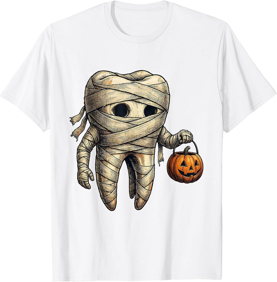 Men's Mummy Tooth Trick or Treat Halloween Dental T-Shirt - White