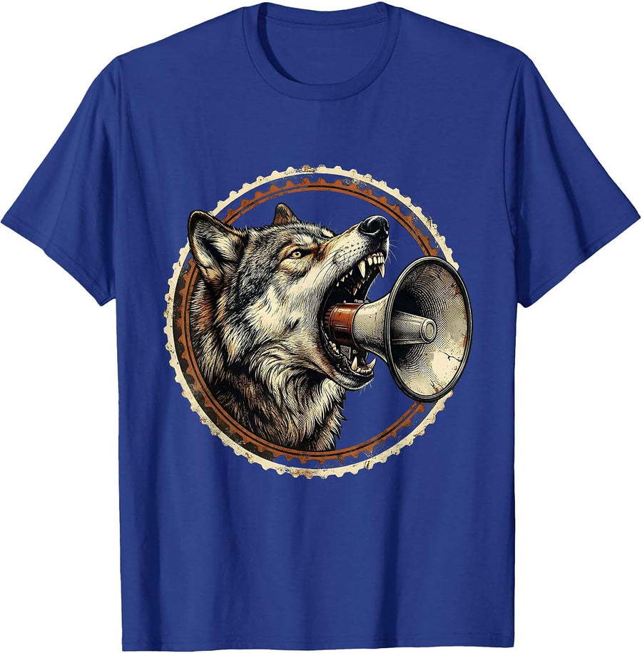 Wolf Howling Megaphone Rock and Roll Graphic T-Shirt - Royal Blue