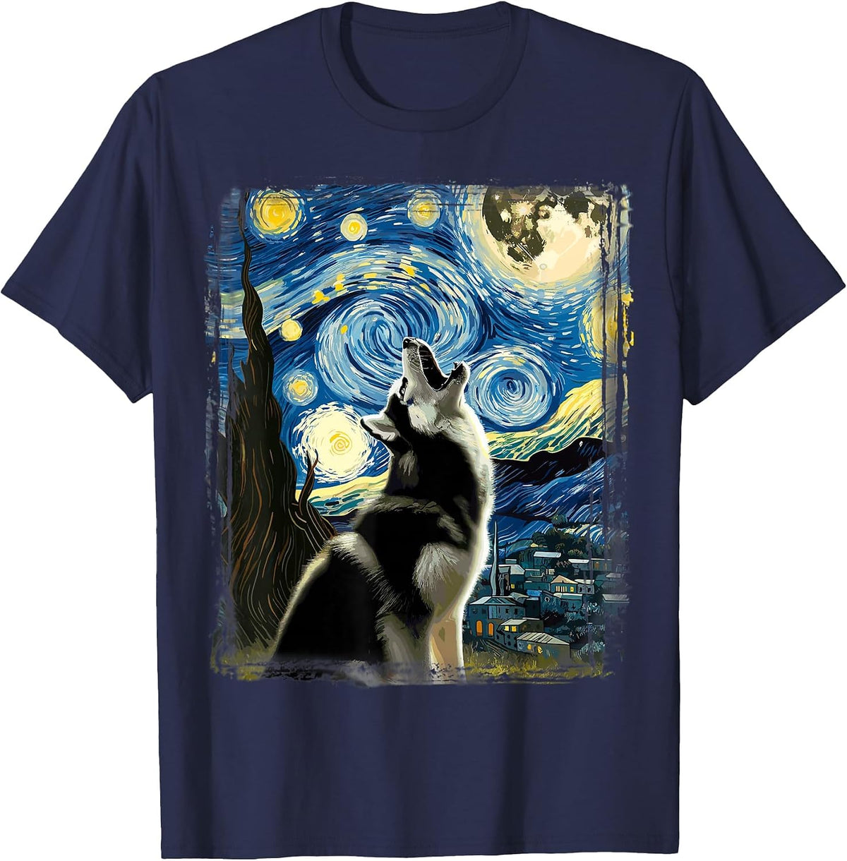 Siberian Husky Dog Art Van Gogh Starry Night Siberian Husky T-Shirt - Navy Blue