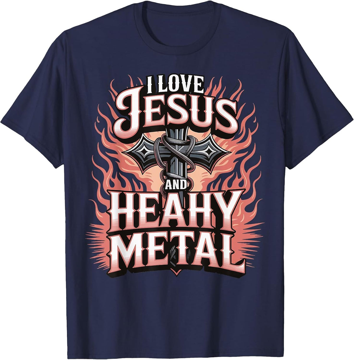 I Love Jesus and Heavy Metal T-Shirt - Navy Blue