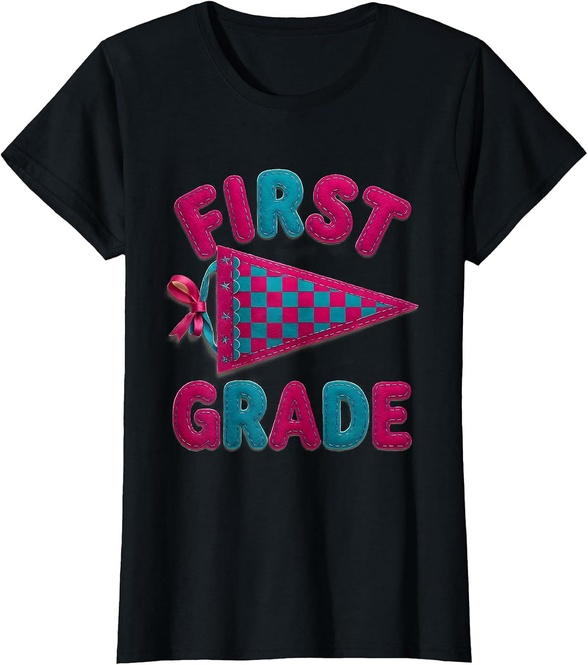 Women's First Grade Cheerful Pennant Back To School Girl T-Shirt - Black