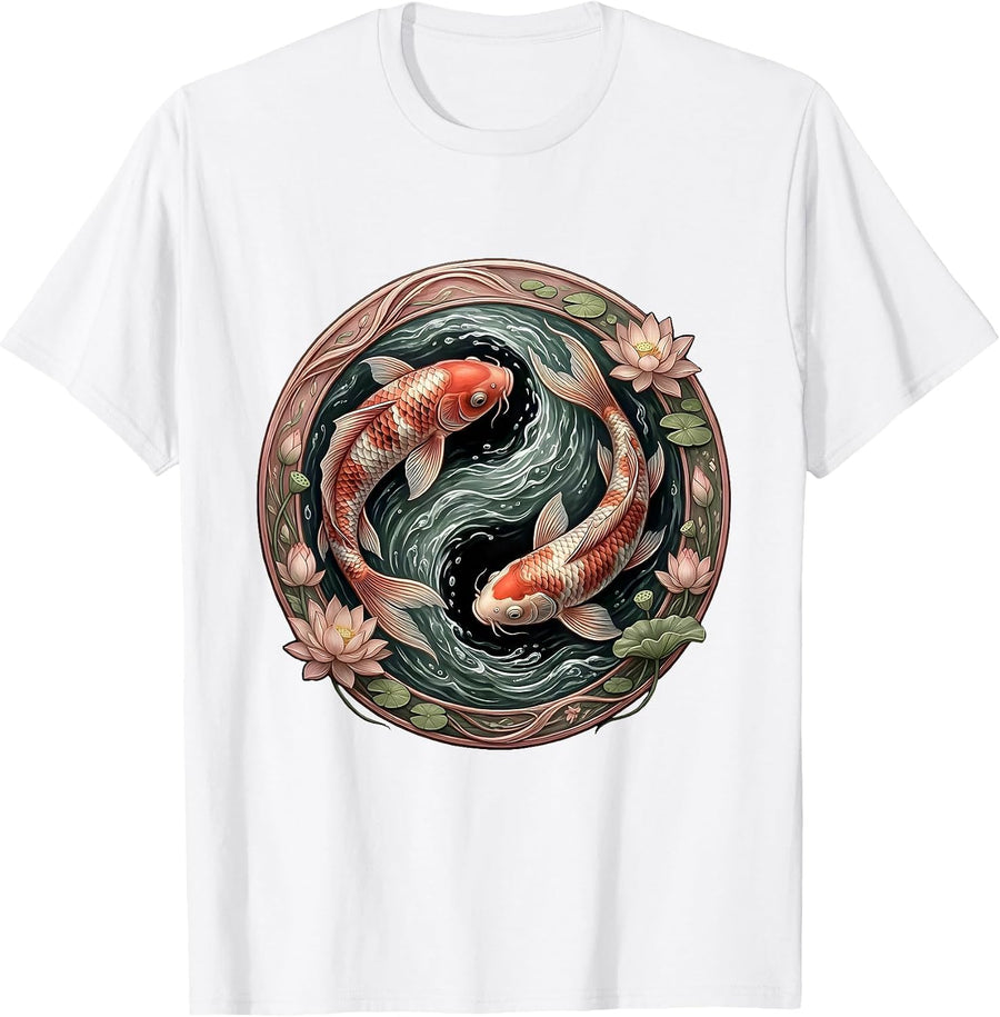 Koi Fish Swimming Upstream Illustration T-Shirt - White